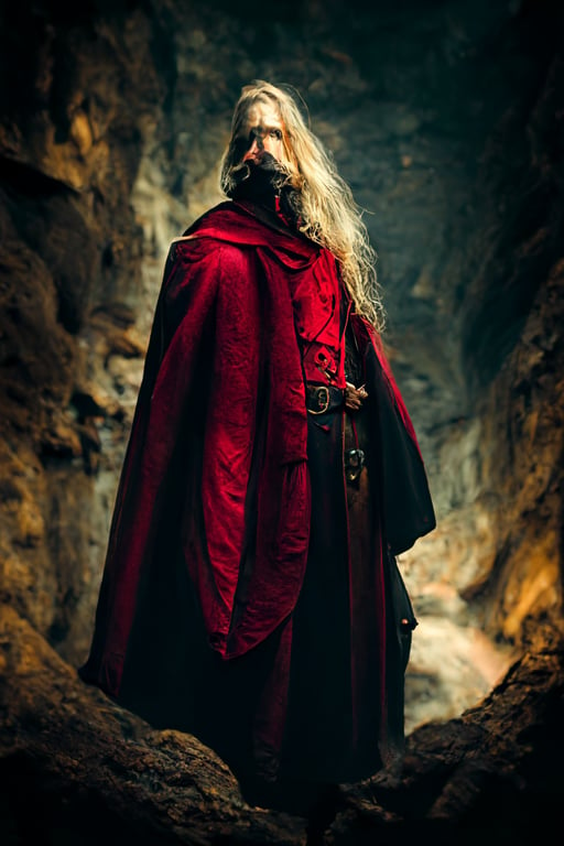 prompthunt: A proud old strong medieval rebel leader, long thick wavy  flowing blonde hair and long thick beard, wearing a brown robe with red  sleeves and a collared brown leather cape, in