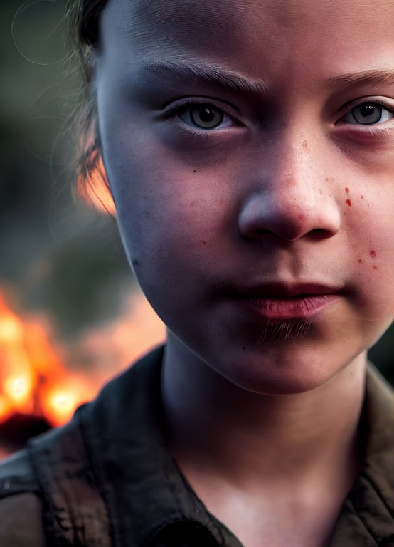 prompthunt: stock photo, portrait, greta thunberg as a soldier, front  perspective, burning, tank in the background, depth of field, facial  symmetry, sharp focus, epic composition, 8k, UHD, natural light, 50mm lens,  photo