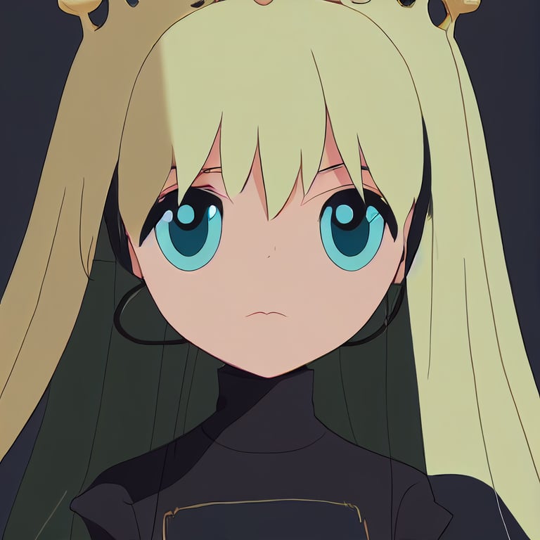 prompthunt: flcl black female , hair ,princesse,crown, Creature in queen  clothes, solid color background , Studio Ghibli anime style shading black  outline, centered, 1/4 headshot, full face, 8K