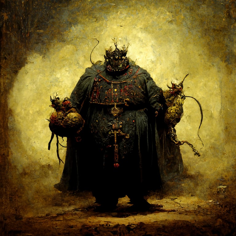 prompthunt: medieval representation, plague demon, plague king, fat daemon,  medieval iconography