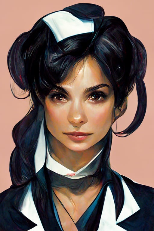 anime portrait of [Famke Janssen, Carmen Electra, Ariana Grande, Ana De Armas, Pamela Anderson, Kim Kardashian, Dolly Parton, Natalie Portman, Alice Pagani] as a doctor, wearing a revealing doctor costume, art by [Artgerm and WLOP and Ilya Kuvshinov and RHADS and Ross Tran], messy black hair bun, gorgeous detailed green eyes, in the style of [Pixar and Disney], beautiful detailed face, open mouth, tongue touching lips, curious expression, dynamic pose, perfect shading, cinematic composition, elaborate, soft studio lighting, ultra realistic, photorealistic, octane render, cinematic lighting, hdr, 8k