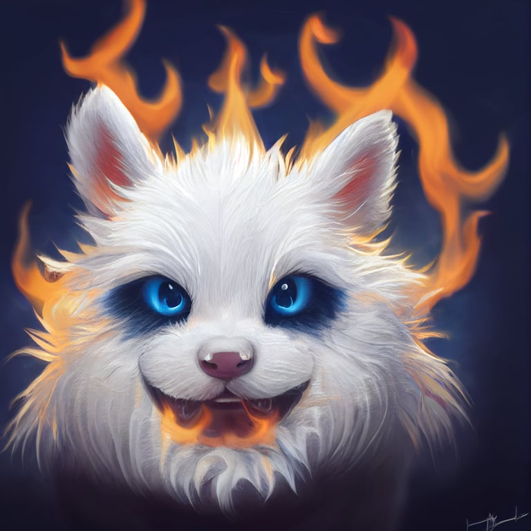 cute very fluffy white creature with flames in its big navy blue eyes and smile with fangs, hyperrealistic, high quality