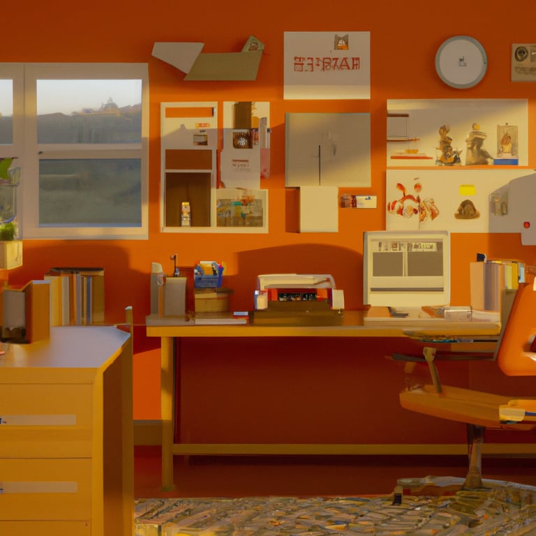 Photorealistic, beautifully lit and colorful, minimal, Feminine mid century home office interior design, golden hour, sunset, west elm, straight-on camera angle, designed by wes anderson, Hyper detailed, Film photography, 27mm, Flat depth of field, 8k, Flat lighting, Centered