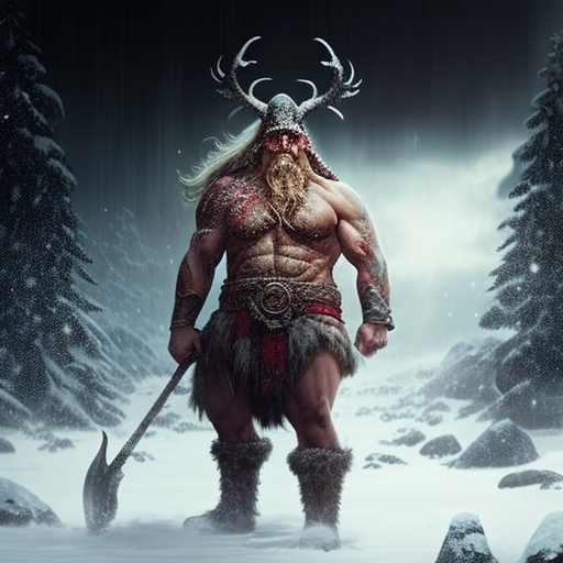 berserker viking dressed in torn santa claus suit, muscles, battle axe, snowy lanscape, pine trees, bodies of his slain foes at his feet. Angry reindeer in background, --v 4