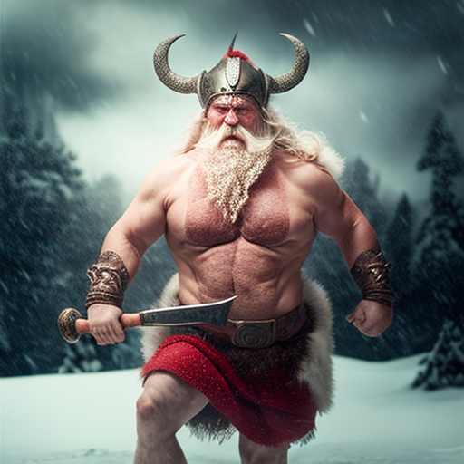 berserker viking dressed in torn santa claus suit, muscles, battle axe, snowy lanscape, pine trees, bodies of his slain foes at his feet. Angry reindeer in background, --v 4