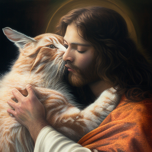 roddy jesus christ in a white robe kissing an orange tabby cat