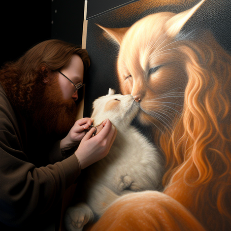 Picture, jesus christ in a white robe kissing an orange tabby cat, Chalk art, Tony Sart, Behance contest winner, Process art, Airbrush art, Detailed painting, --v 4