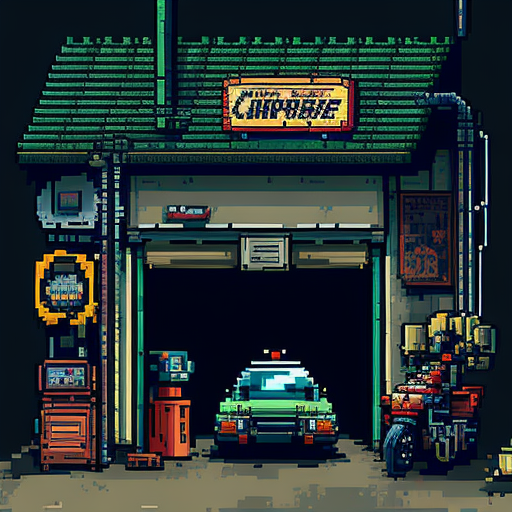 a cyperpunks garage, 32-bit pixel art, Pixelsprite, Aseprite, SNES style, --v 4