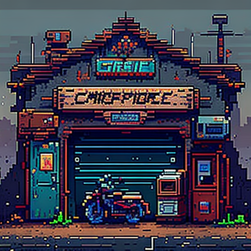 a cyperpunks garage, 32-bit pixel art, Pixelsprite, Aseprite, SNES style, --v 4