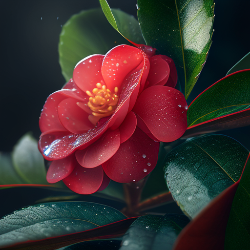 bitfloorsghost: a perfect Middlemist's Red camellia with stems and leaves,  dew on the petals