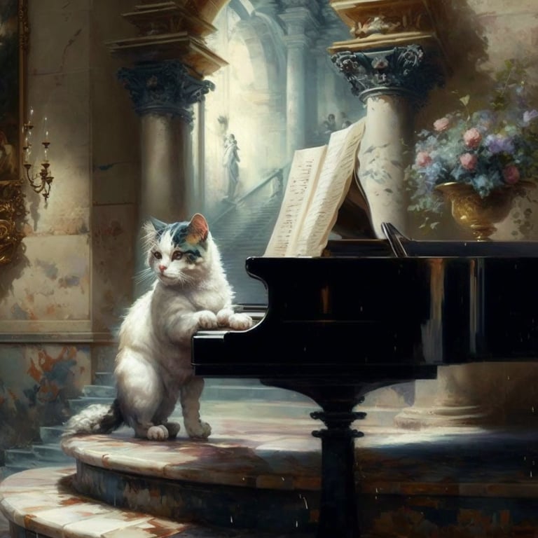 oval-crab680: A cat playing a grand piano on a podium in an italian villa  painting style of early impressionists