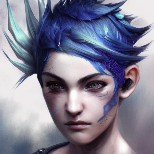 danimokhtari Portrait of rugged adult female, fantasy, pixie undercut hairstyle, black to blue