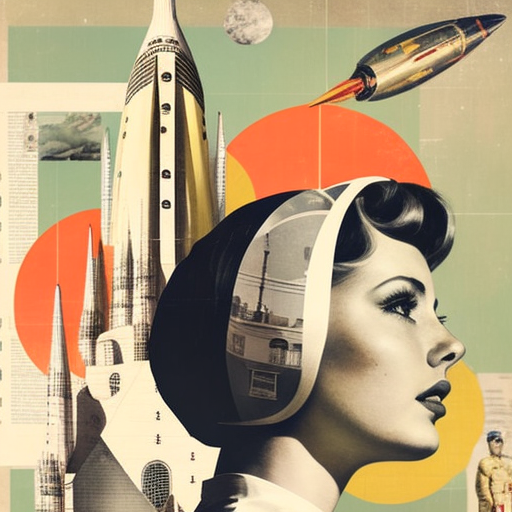 a collage of a lady and a space rocket, Nostalgic, Retro, Retrofuturism, Vintage, Collage, Surrealism, Cut and pasted from a magazine, Mixed media, --v 4