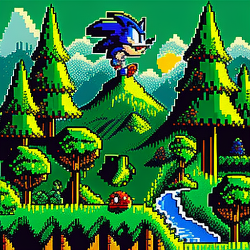 Sonic Green Hill, 32-bit pixel art, Pixelsprite, Aseprite, SNES style, --v 4