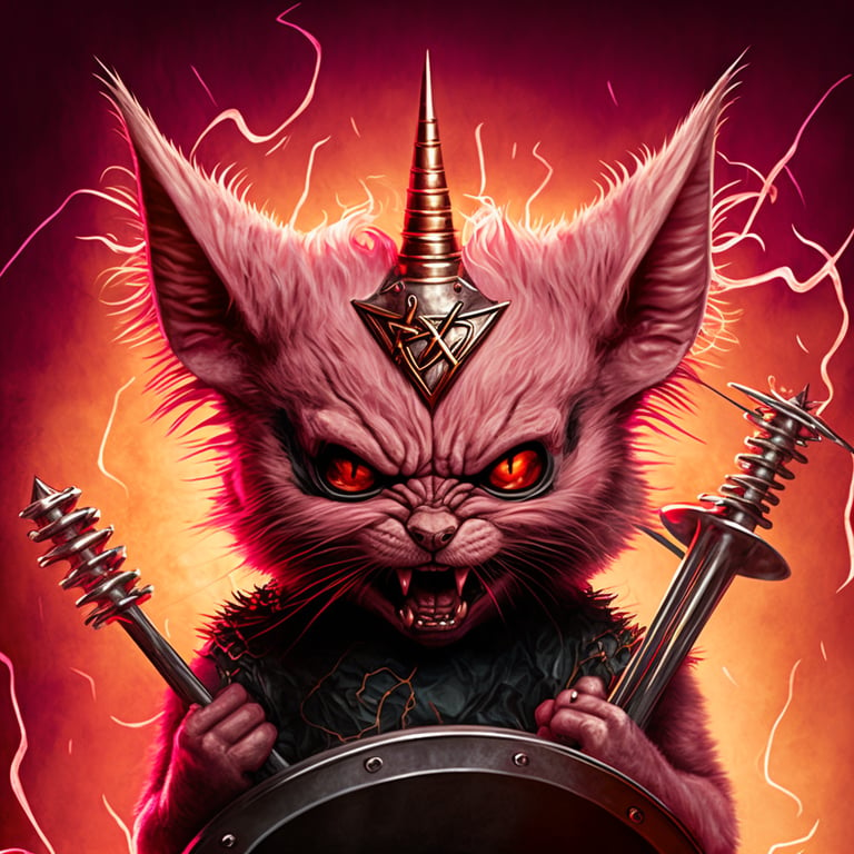 yoniblau: Evil pink kitten with horns in the style of a heavy metal band  disc cover