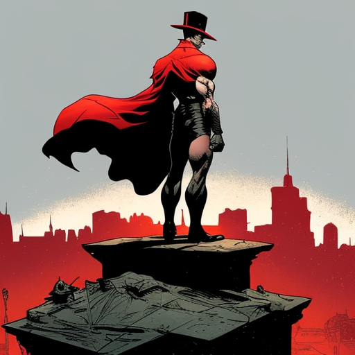 PromptPa A muscular figure dressed in a top hat and a red cape stands
