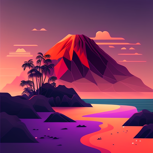 Hard Clean render, gabewallace: Vector art, Flat, lighting, tropical linework, Brian palette, color orange and and Opaque colors, beach, shadows, Volumetric Digital Minimalistic, landscape, peak Octane miller purple volcanic