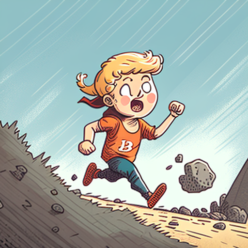 haunting-fox606: Comic boy running downhill chasing a Bitcoin