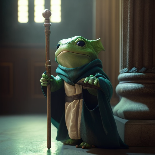 little frog mage, smiling, wearing a green robe, holding a staff, and wearing armor, standing in a church, Comic book, Claymation, Cinematic lighting, Fantasy, Pastel colors, Low contrast, --v 4