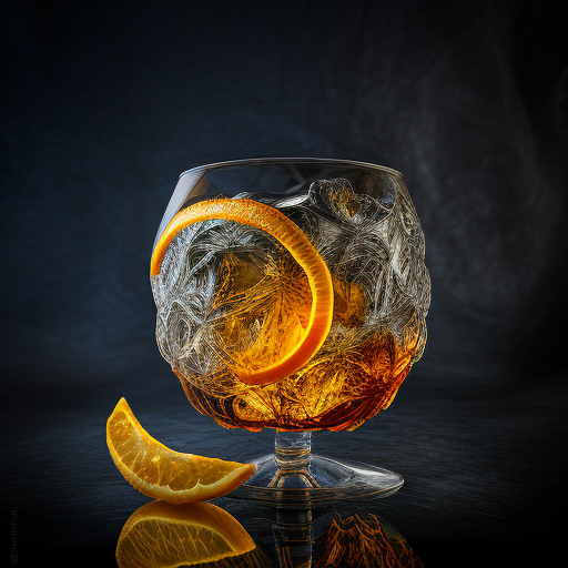 An old fashioned in a lowball glass with a large ice cube and an orange  peel