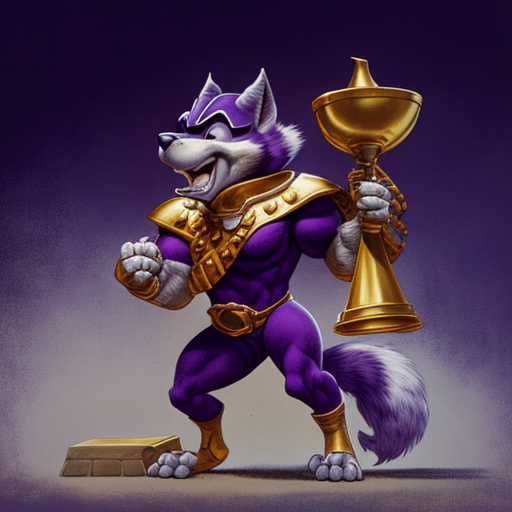 anthropomorphic Husky dog with a heroic pose in a purple jersey carrying the Valero Alamo bowl trophy , Frank Frazetta, Heroic, Epic, 1980's, --v 4