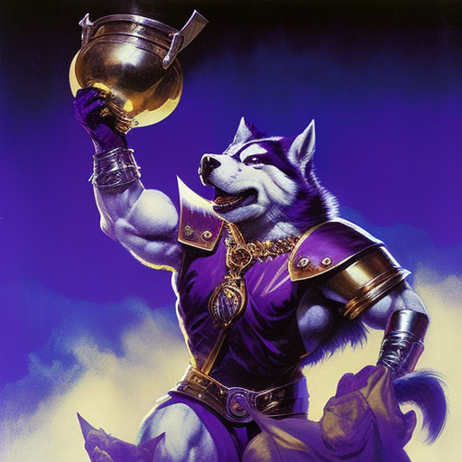 anthropomorphic Husky dog with a heroic pose in a purple jersey carrying the Valero Alamo bowl trophy , Frank Frazetta, Heroic, Epic, 1980's, --v 4