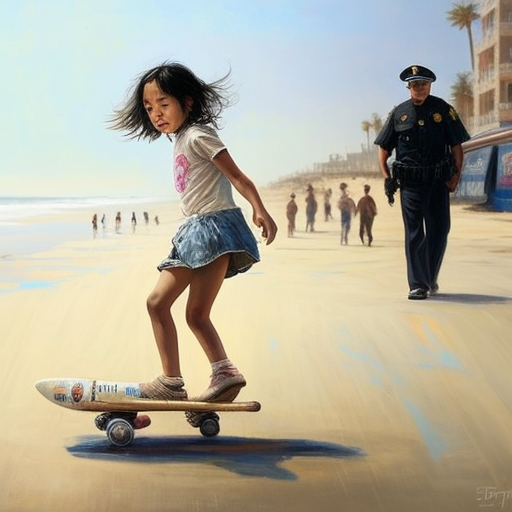 nuriroeleveld: 10 year old asian girl on a skateboard at the beach skating  away from a police officer.