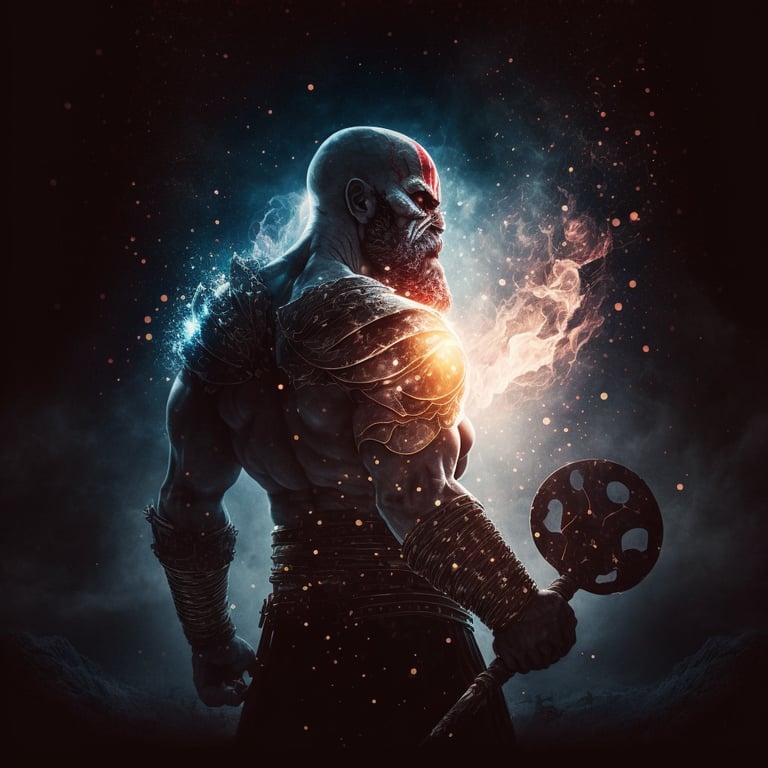 bmg: kratos holding an axe, Dark background,