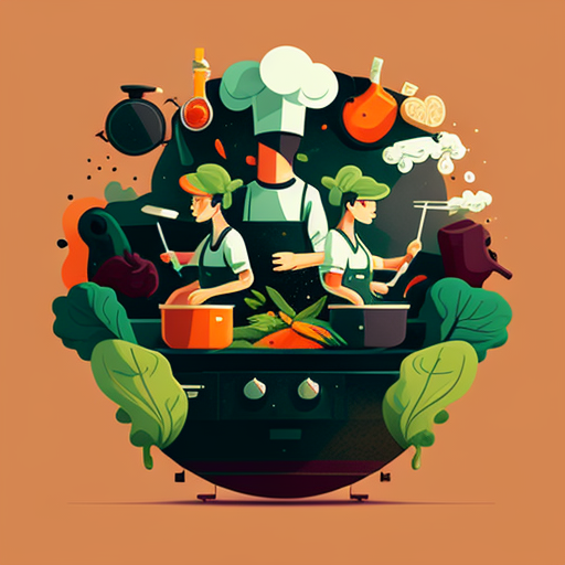 movie still of professional kitchen setup with a stove, vegetables, spoons, and chefs wearing bib aprons, Flat, 2D, Vector, Svg, Isotype, Design, --v 4