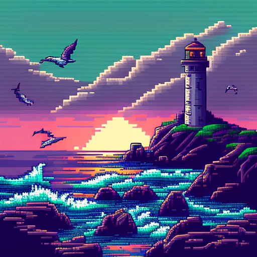 noviolart: Seaside landscape at sunset with hills, waves, a lighthouse ...