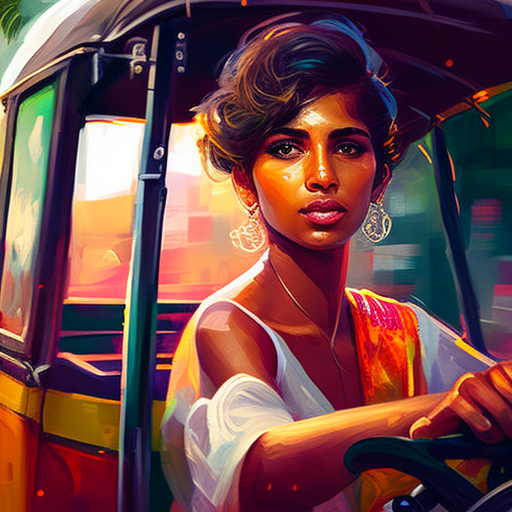 gappiya: Create a detailed digital painting. A modern Sri Lankan woman. She  is 25 years old. She looks like Priyanka Chopra. She is wearing bright  clothes. She is driving a tuk tuk.