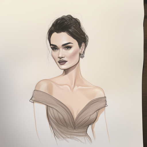 Brunette with short hair wearing an off the shoulder, long sleeve wedding gown , Fashion sketch, Fashion, Sketchbook, Concept art, Charcoal, Colored pencil, On a neutral background, --v 4