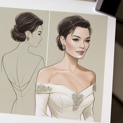 Brunette with short hair wearing an off the shoulder, long sleeve wedding gown , Fashion sketch, Fashion, Sketchbook, Concept art, Charcoal, Colored pencil, On a neutral background, --v 4