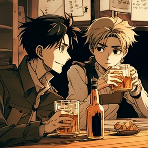 Eren Yeager and Ichigo Kurosaki drinking whiskey, --v 4