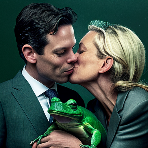 Mark Rutte kissing a frog in front of Sigrid Kaag, --v 4