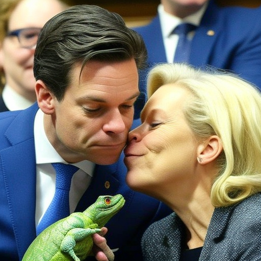Mark Rutte kissing a frog in front of Sigrid Kaag, --v 4