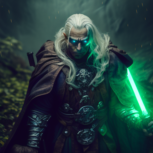 firbolg Jedi Drizzt Do’Urden with two lightsabers, leather armor, and a green cloak