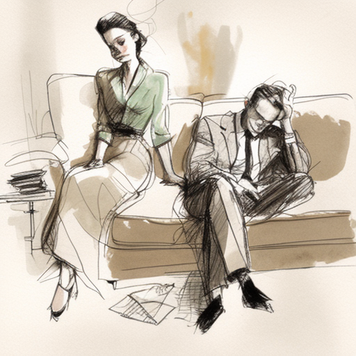 a man and woman dressed formally sleeping on the couch in a messy room, Fashion sketch, Fashion, Sketchbook, Concept art, Charcoal, Colored pencil, On a neutral background, --v 4