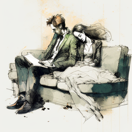 a man and woman dressed formally sleeping on the couch in a messy room, Fashion sketch, Fashion, Sketchbook, Concept art, Charcoal, Colored pencil, On a neutral background, --v 4