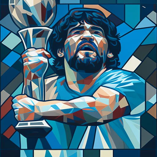 Maradona lifting the world cup trophy, Stained glass, Louis Comfort Tiffany, Behance, Crystal Cubism, Flat, Glass, Ultrafine detail, 2D, Realistic, --v 4