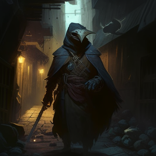A rogue Kenku holding two poisoned daggers in a dark alley, Concept Art, Dungeons and Dragons, --v 4