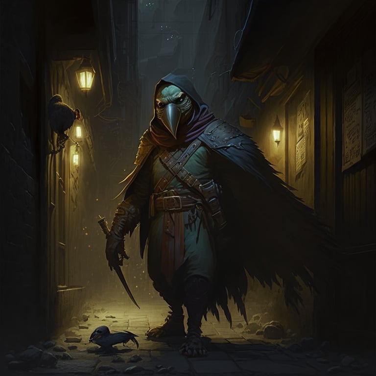 A rogue Kenku holding two poisoned daggers in a dark alley, Concept Art, Dungeons and Dragons, --v 4