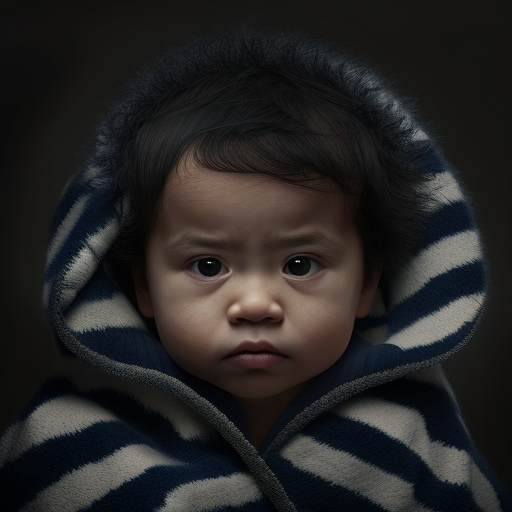 goldshirtkid: A dark haired Asian and White mixed race baby boy wearing a  dark blue striped onesie, realistic, photo, 8k