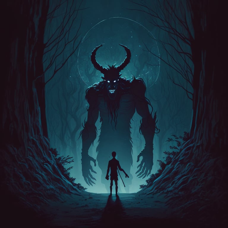 danieljudd: A demon-like figure, looming over a young adventurer in a ...