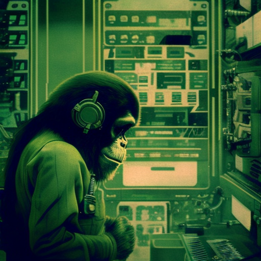 Dynamic illustration, Retrofuturism, 2001: A Space Odyssey, cyberpunk, Green, Futuristic test monkey, Dated photograph, 1970s, Vintage, Retro, Dated, Photography, HD, --v 4