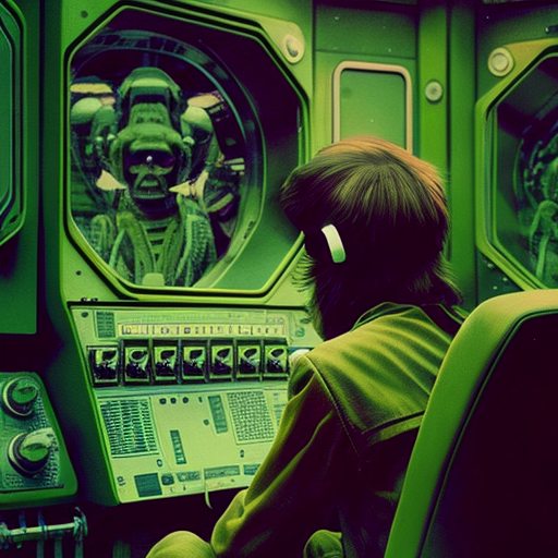 Dynamic illustration, Retrofuturism, 2001: A Space Odyssey, cyberpunk, Green, Futuristic test monkey, Dated photograph, 1970s, Vintage, Retro, Dated, Photography, HD, --v 4