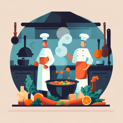 movie still of professional kitchen setup with a stove, vegetables, spoons, and chefs wearing bib aprons and no hats, Flat, 2D, Vector, Svg, Isotype, Design, --v 4