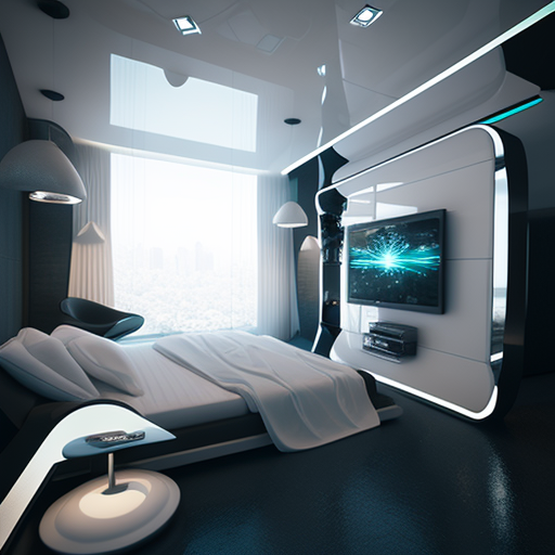 kémil: High-tech and modern: The bedroom is designed to be high-tech and  modern, with a sleek and futuristic aesthetic that is perfect for gaming.  The bedroom features a variety of advanced technologies