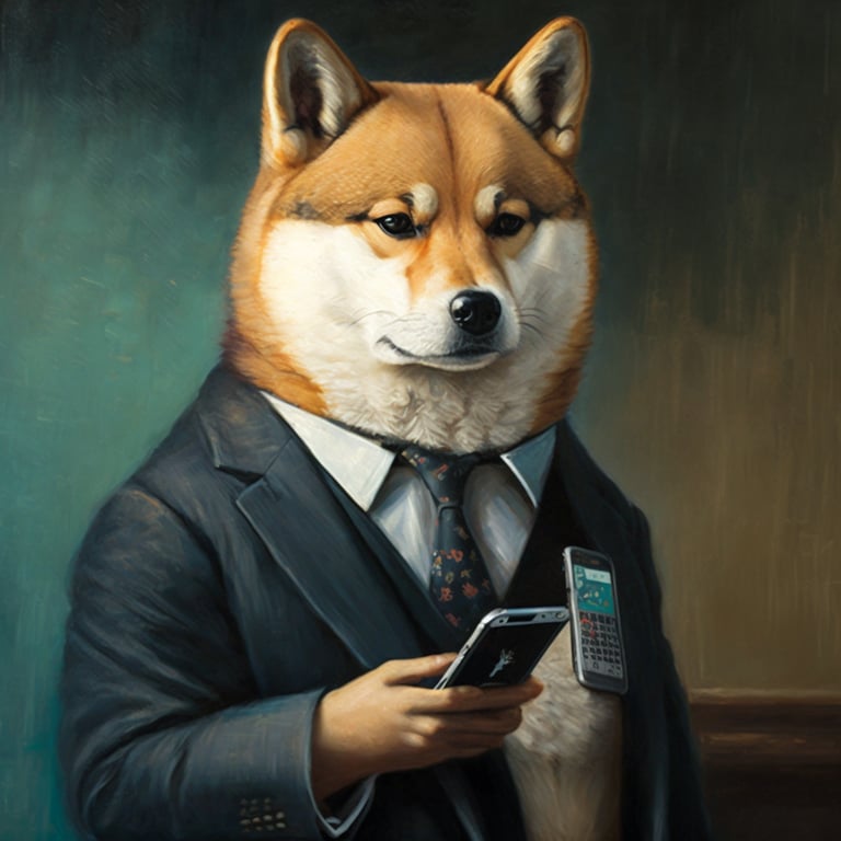 ronenbekerman: an oil portrait of a Shiba Inu wearing a business suit and  holding an iPhone, in the style of Claude Monet.