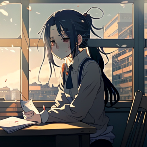an anime girl sitting on the windowsill, in the evening in a Japanese classroom (school), she wears a white full-face covering her scar mask on her face, her dark blue hair is tied in a thick braid, she is wearing gray shorts, she has a brown coat on her shoulders, chairs and desks are unkemptly left in the classroom, on the teacher's desk there are books on astronomy and various maps of the night sky. we can see her from 4 meters in the corner, --v 4